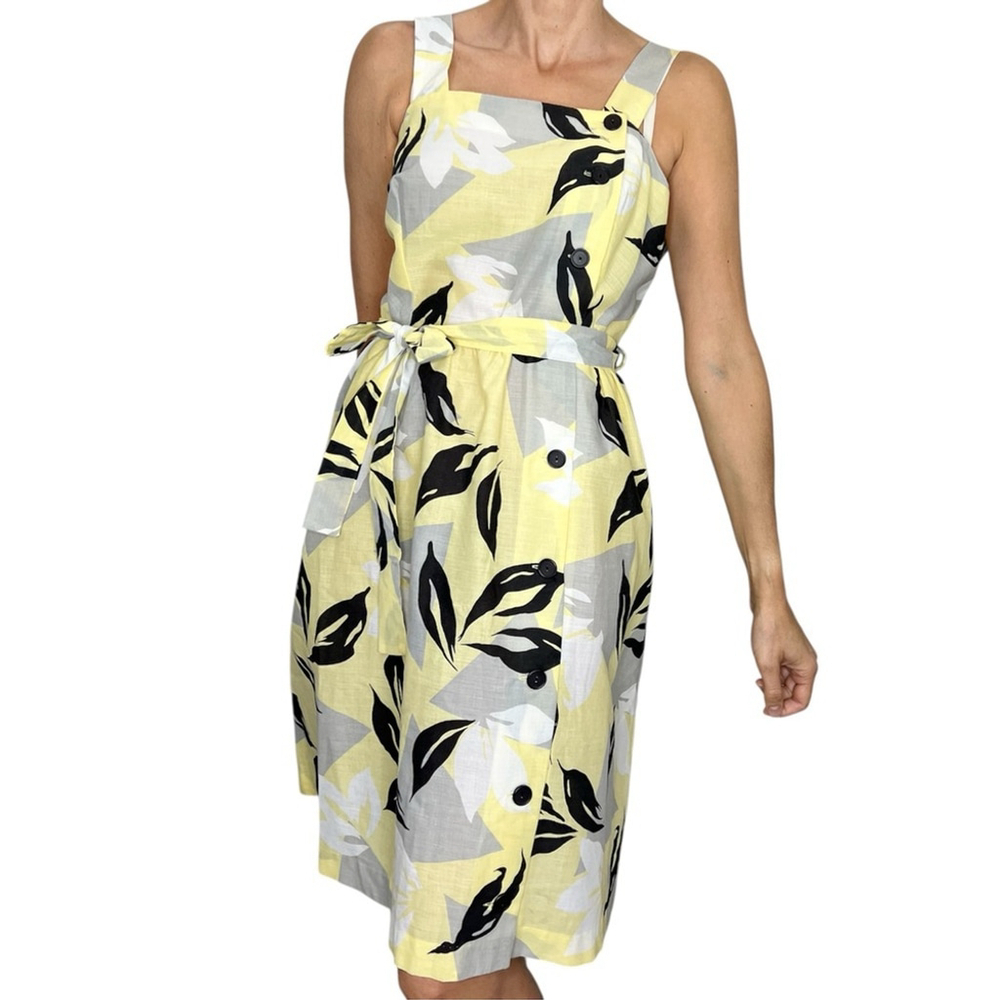 Vintage 90s lightweight yellow black grey floral square neck midi sun dress 16.5